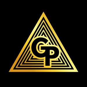 A black and white logo consisting of a large yellow triangle shape with the initials "GP" in black in the center.